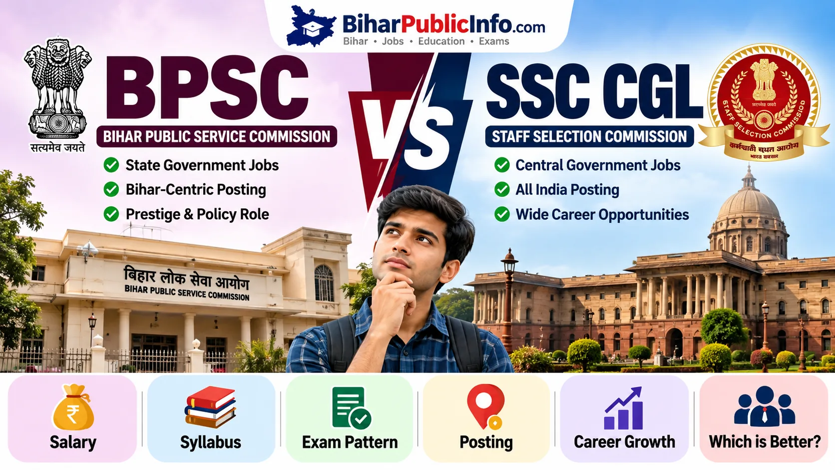 BPSC vs SSC CGL 2026 की तुलना: सैलरी, सिलेबस, परीक्षा पैटर्न और पोस्टिंग – Bihar Public Info